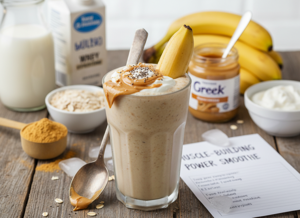 A good bodybuilding smoothie includes protein, carbs, and healthy fats. Popular ingredients are whey protein, milk, bananas, oats, peanut butter, and Greek yogurt. These provide energy, support muscle recovery,
