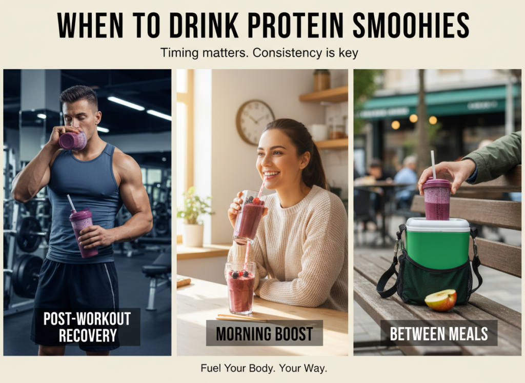 Timing matters. Drinking a protein smoothie after a workout helps muscles recover faster. You can also drink one in the morning or between meals to increase daily protein intake. Consistency is more important than exact timing, so fit it into your routine.