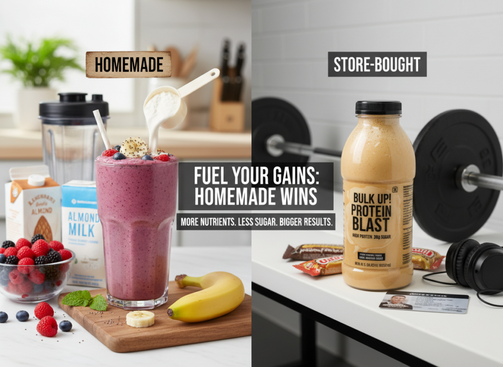 Homemade smoothies are usually healthier and cheaper. You control the sugar, calories, and ingredients. Store-bought smoothies are convenient but often contain added sugars and preservatives. For serious bodybuilders,