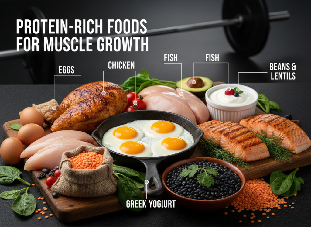 Protein is the main building block of muscles. Foods like eggs, chicken, fish, beans, lentils, and Greek yogurt help repair and grow muscle after workouts. Eating protein throughout the day supports faster recovery and stronger muscles. Pair protein with exercise for best results.
