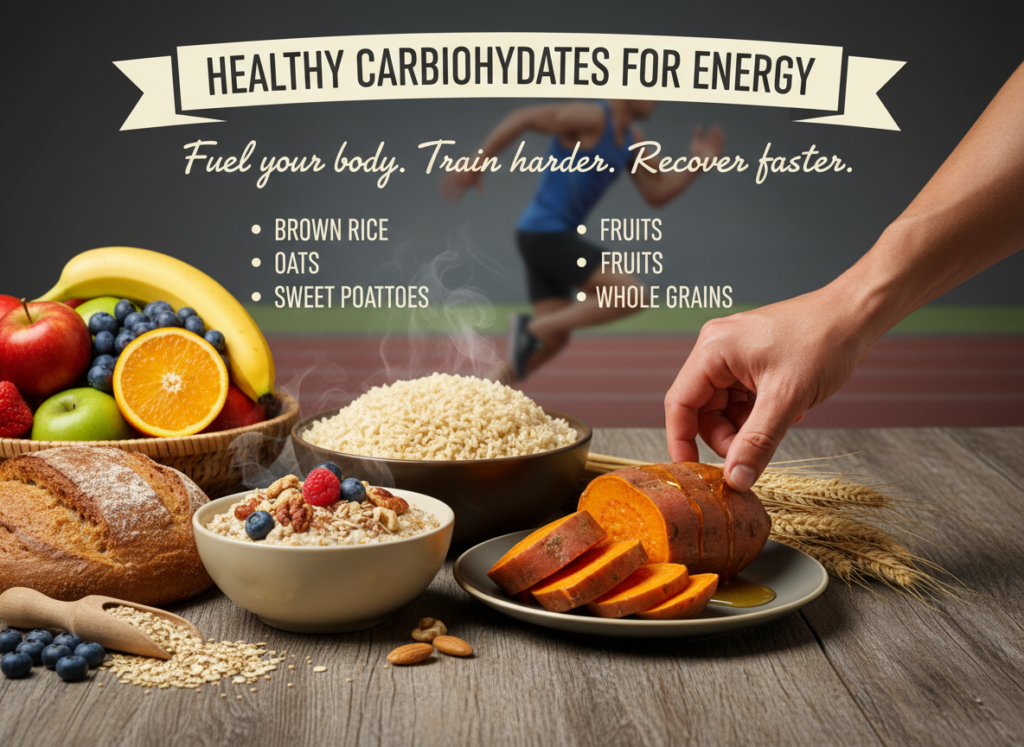 Carbohydrates give your body energy to train harder and longer. Healthy carbs like brown rice, oats, sweet potatoes, fruits, and whole grains fuel workouts and help muscles recover. Without enough carbs, the body may feel weak and tired.