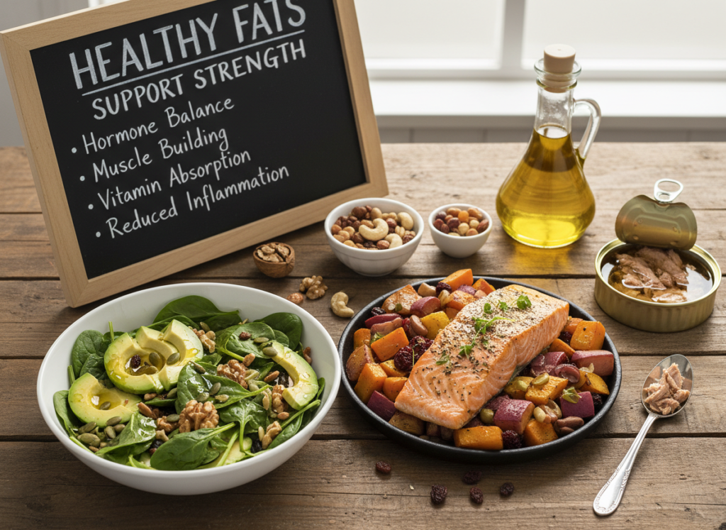 Healthy fats are important for hormone balance and overall strength. Foods like nuts, seeds, olive oil, avocado, and fatty fish (salmon, tuna) help the body absorb vitamins and reduce inflammation. Moderate fat intake supports muscle building and joint health.