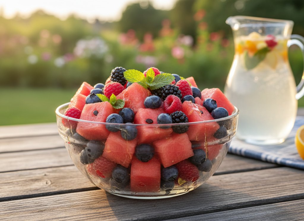 Berries and watermelon together create a nutrient-rich food combination. Berries are packed with antioxidants and vitamins, while watermelon provides hydration and natural energy. Eating them together supports overall health and refreshes the body.