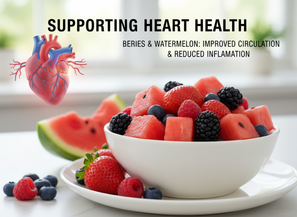 Berries are known to support heart health by improving blood circulation. Watermelon contains lycopene, which helps protect the heart. Together, they contribute to better cardiovascular health and reduced inflammation.